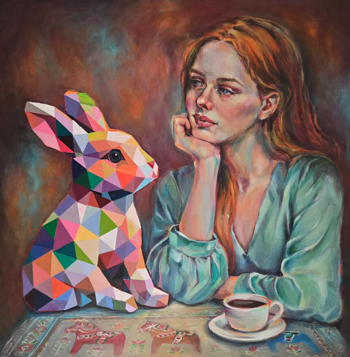 Färgglad Vision med Kanin och Kvinna - Akryl - Conceptual - 80×80 cm av Lana Blink