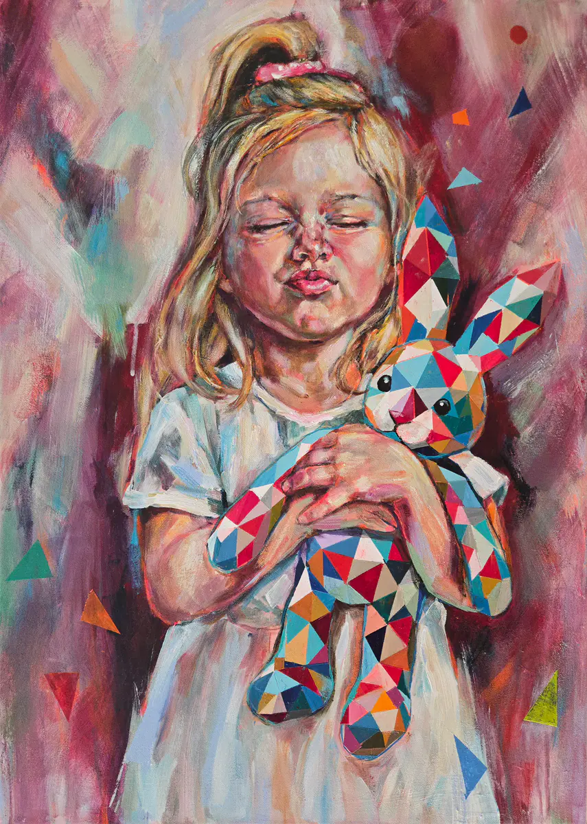 Flicka med Geometrisk Gosedjur - Akryl - Conceptual - 50×70 cm av Lana Blink