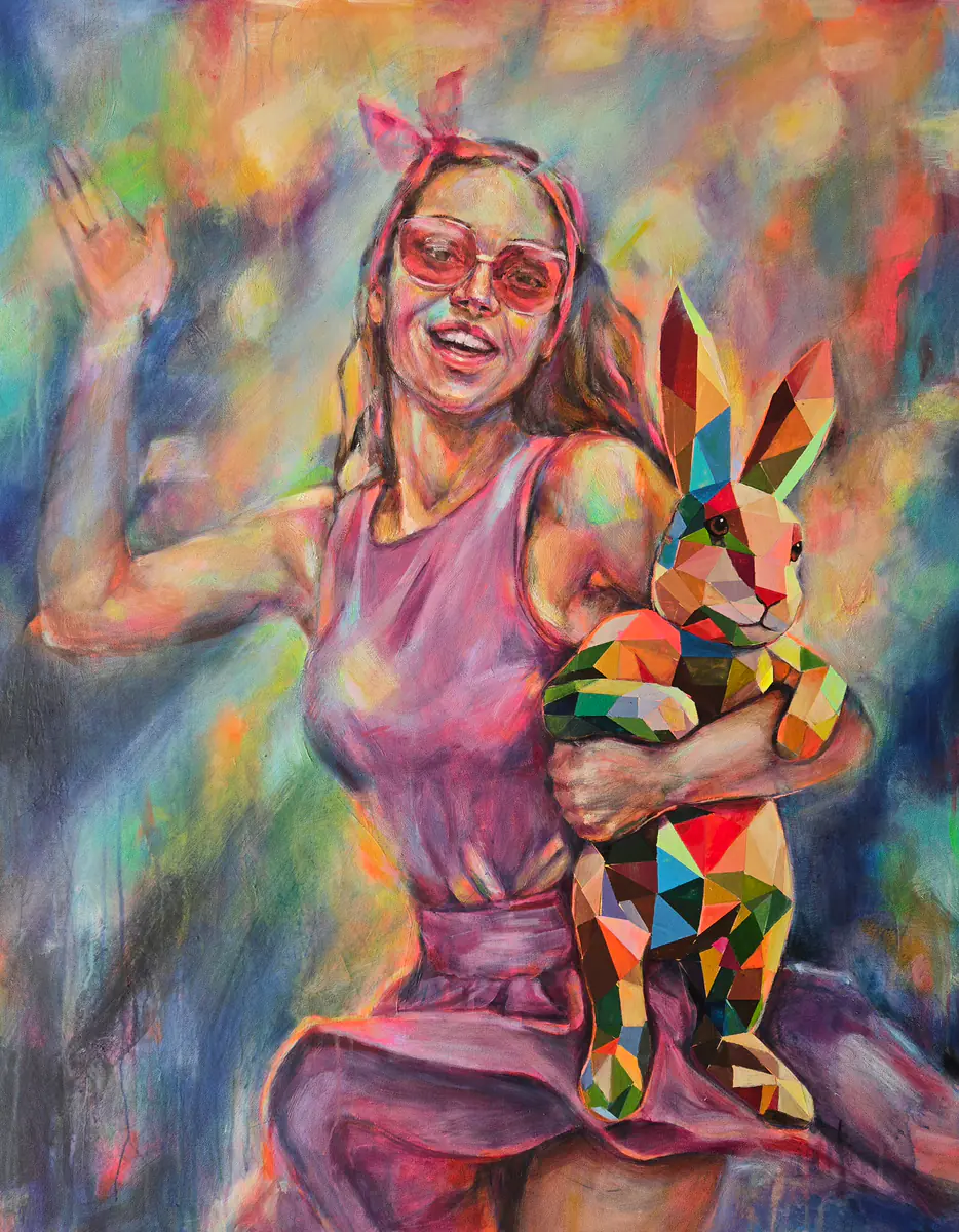 Kalejdoskopisk Lekfullhet: Flicka med Färgkanin - Akryl - Abstract - 80×100 cm av Lana Blink