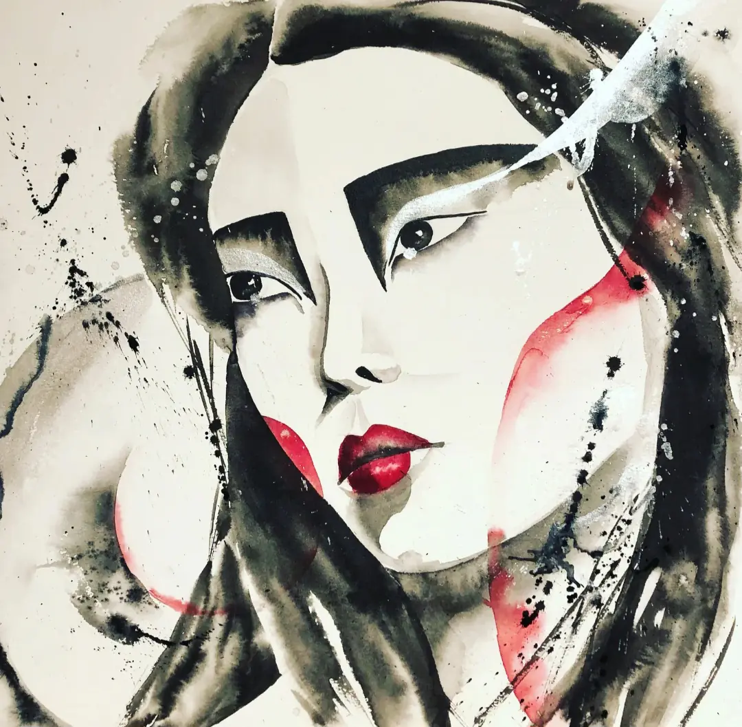 Kabuki-flicka. - Akvarell - Abstract - 50×50 cm av Nadezda Beletskaya