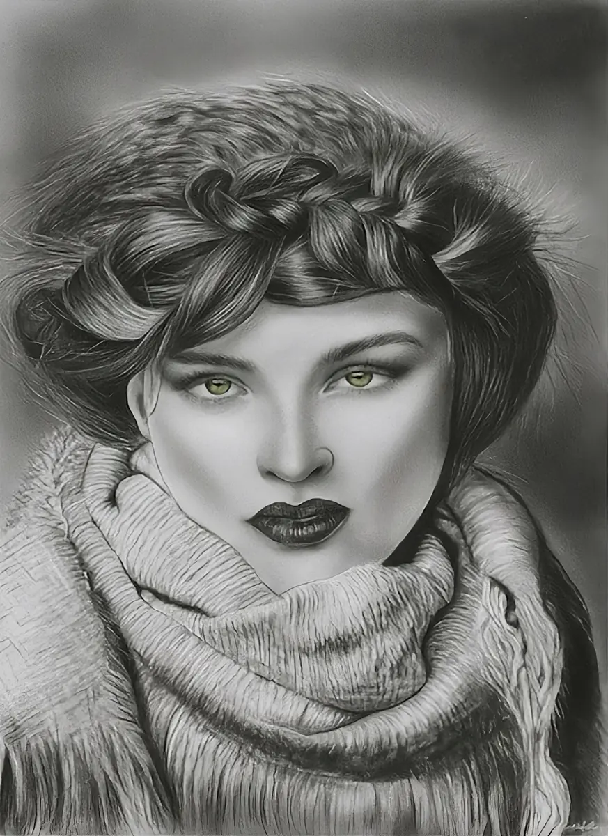 Emerald Gaze – av Mary G. - Kol - Portrait - 40×55 cm av Mary G