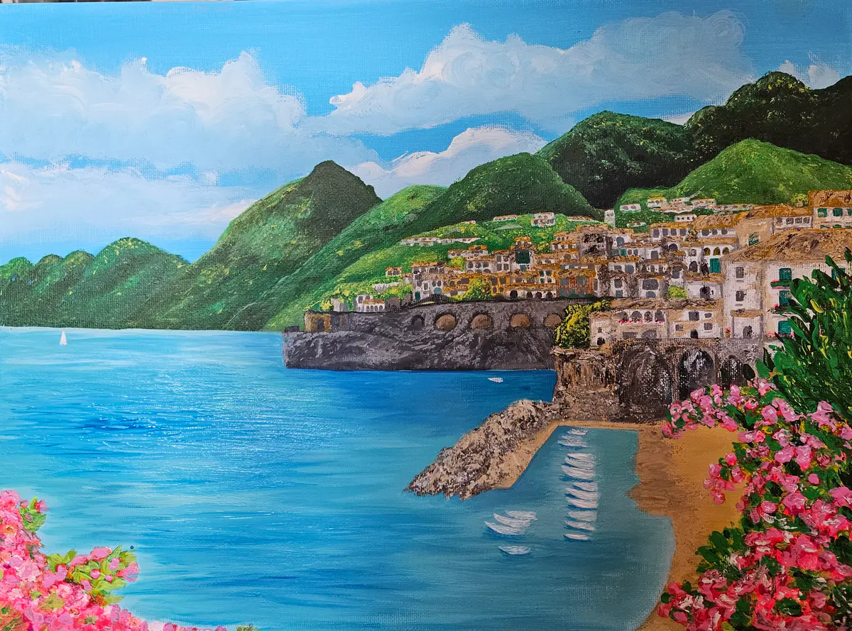 Medelhavsstaden i Sommarglans - Akryl - Landscape - 40×30 cm av Stefani Miletic
